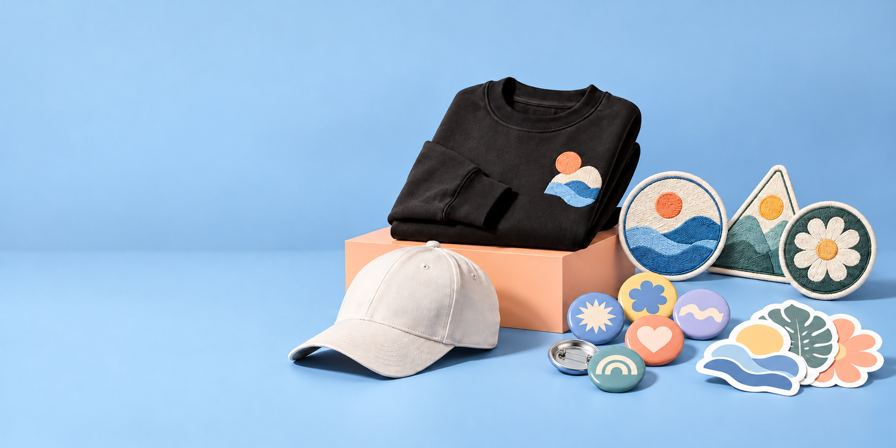 A curated collection of custom buttons, embroidered pieces, and stickers
